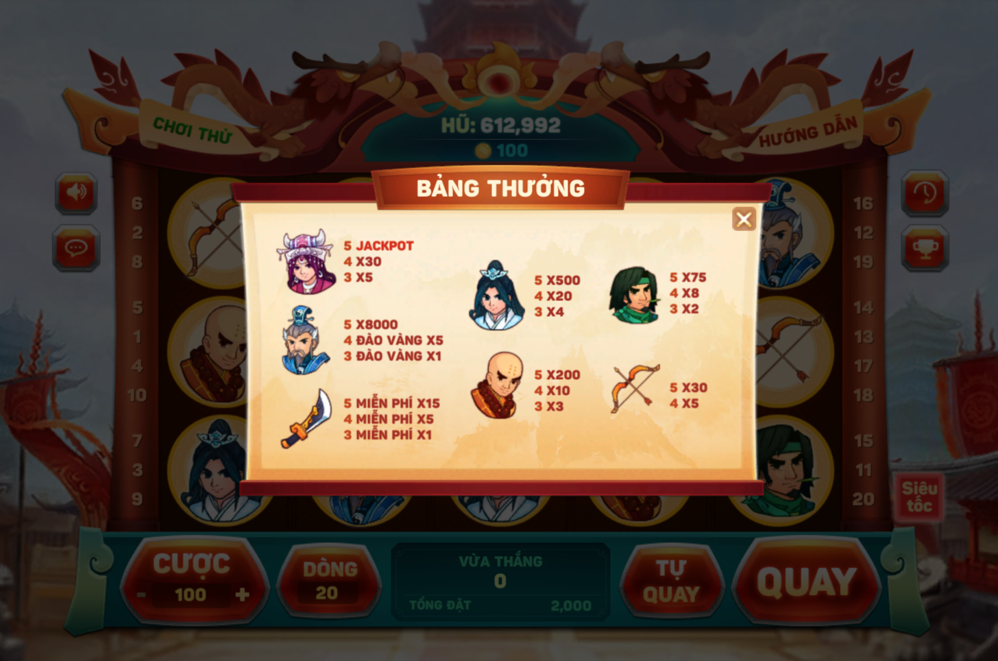 Bảng thưởng Slot game Võ Hiệp